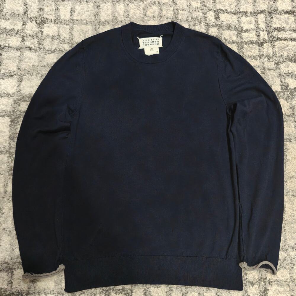 Maison Margiela 14 Distressed Wool Knit Sweater Mens Large Navy 4 White Stitches
